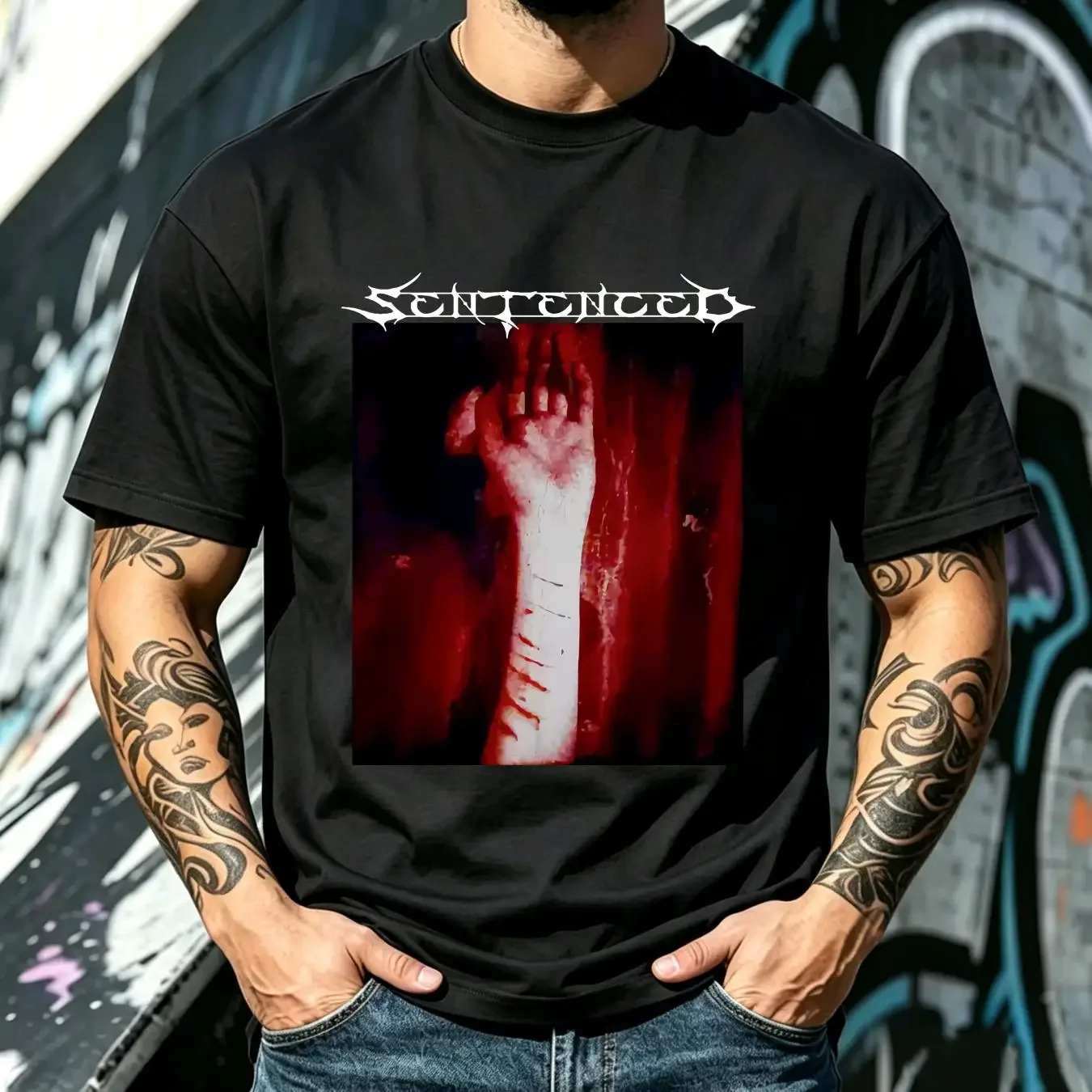 washed T Shirt Reprinted 90s SENTENCED Band Metal The Suicider TE4188 vintage Washed Stretched Soft Casual Slightly Breathable