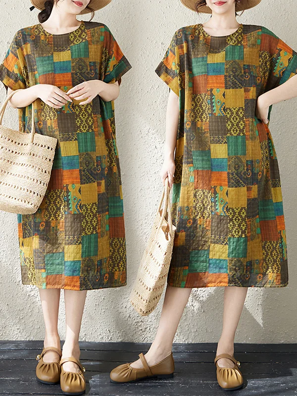 

Slim Fit Cotton Linen Print Dress Short Sleeve Midi round Neck Artistic Style Summer Dress for plus Size Women City Walk