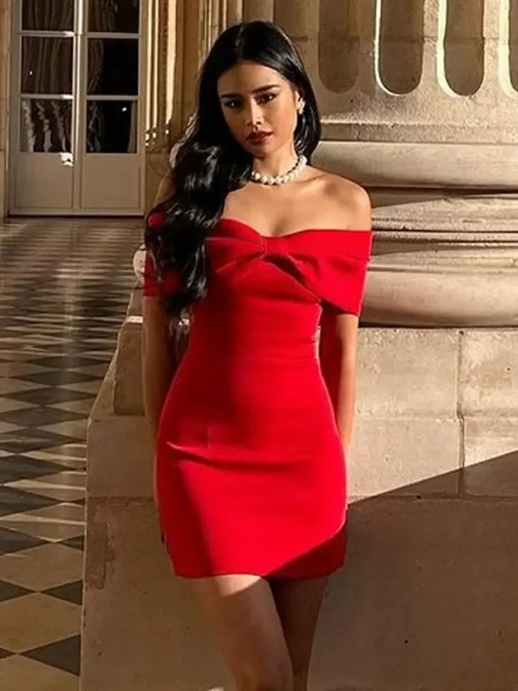 Fashion Red Bow Strapless Women Mini Dress Sexy Backless Sleeveless Bodycon Dresses 2024 Female Chic New Party Club Robes