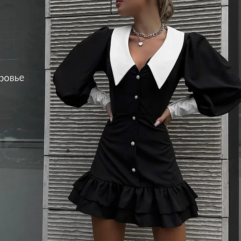 Socialite Style Sheath Dress Ruffle Single Breasted Y2K Fashion Patchwork Cute Dress Women Long Sleeve Lapel Mini Dress