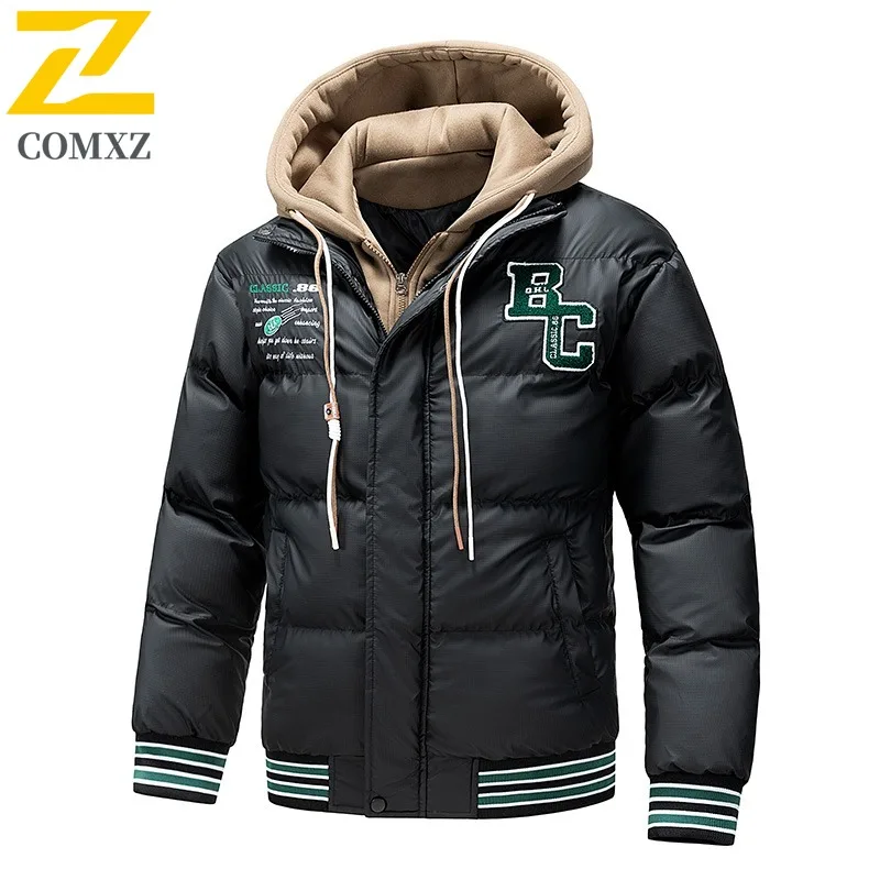 COMXZ 2025 Mens Fake Two Piece Thickened Hooded Winter American style Jacket Warm Tactics Waterproof and Windproof Outdoor Coat