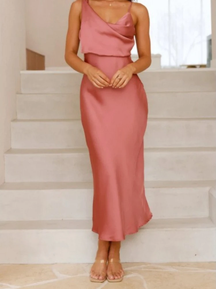 Abito lungo aderente da donna della nuova estate, cinturino in tinta unita, collo ad anello, abito senza maniche, abito senza schienale, alla moda e confortevole