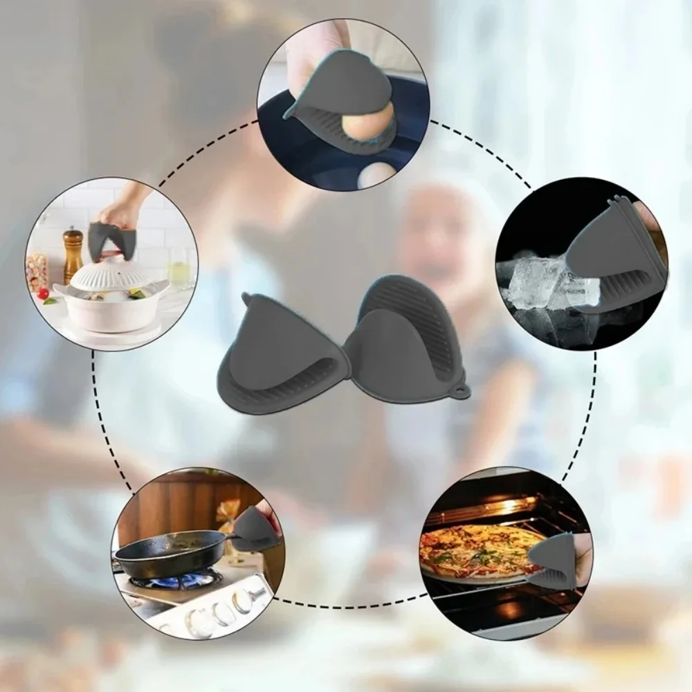 2pcs Mini Oven Gloves Silicone Heat Resistant Cooking Gloves Insulated Non-slip Gloves Clip Pot Rack Cooking Oven Gloves