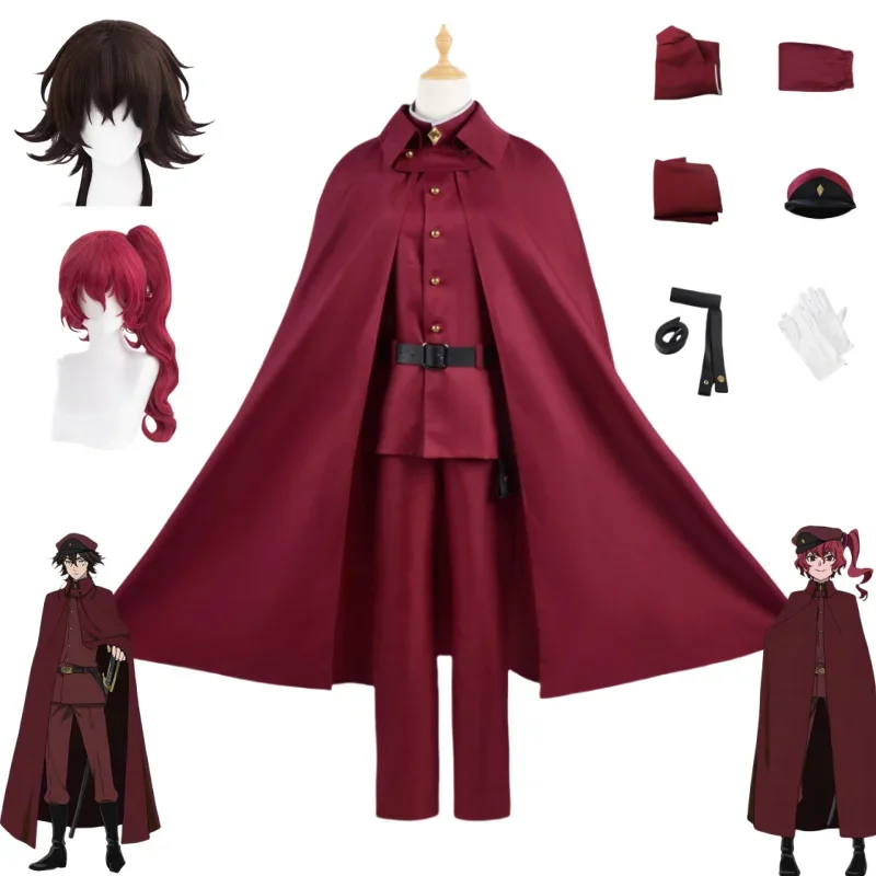 Suehiro Cosplay Anime Hunting Dogs Costume Okura Tetchō Suehiro Cosplay Red Uniform Brown Hair Anime Hat Gloves Cloak