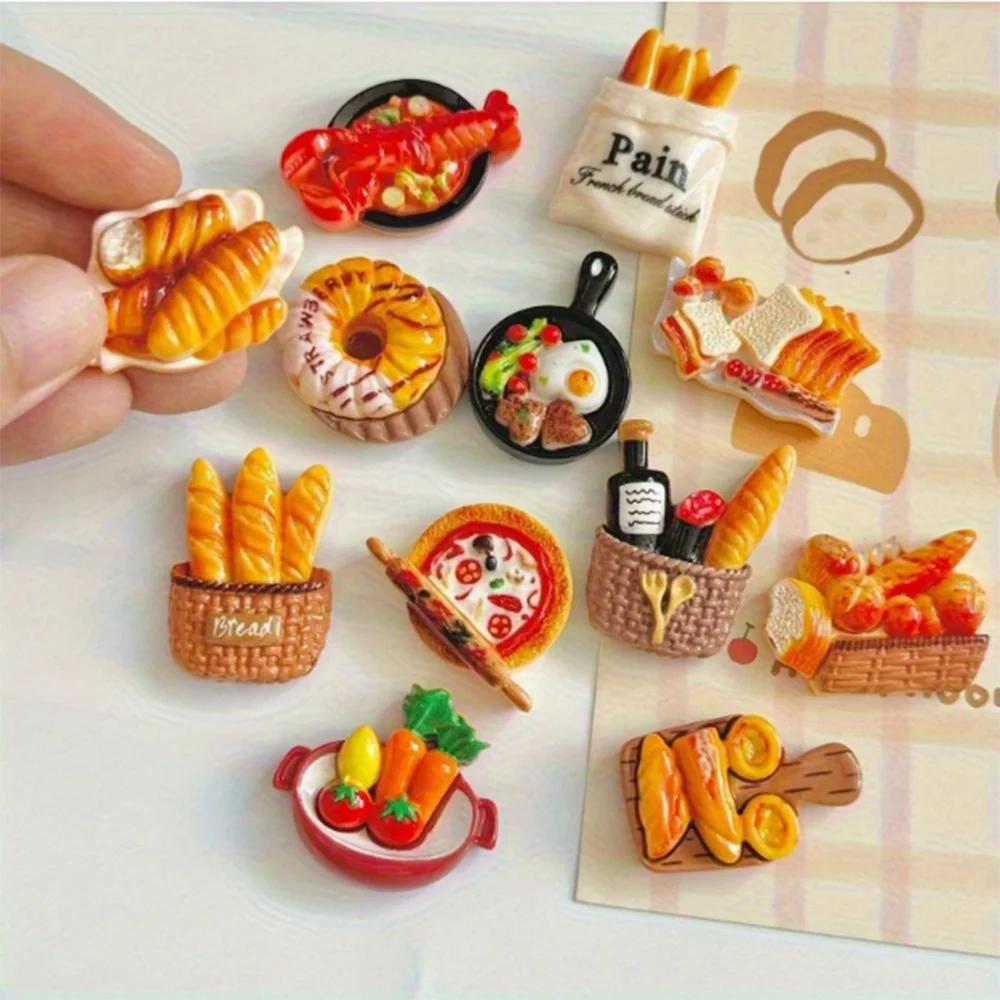 12 pieces resin food decoration set, for DIY craft and jewelry making, mini bread breakfast pizza and French food pendant