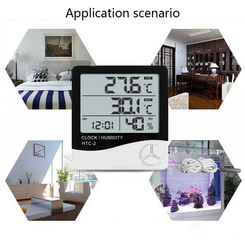 HTC High Precision Indoor Thermometer Alarm Clock Big Screen Digital Display Multifunction Electronic Temperature Humidity Meter