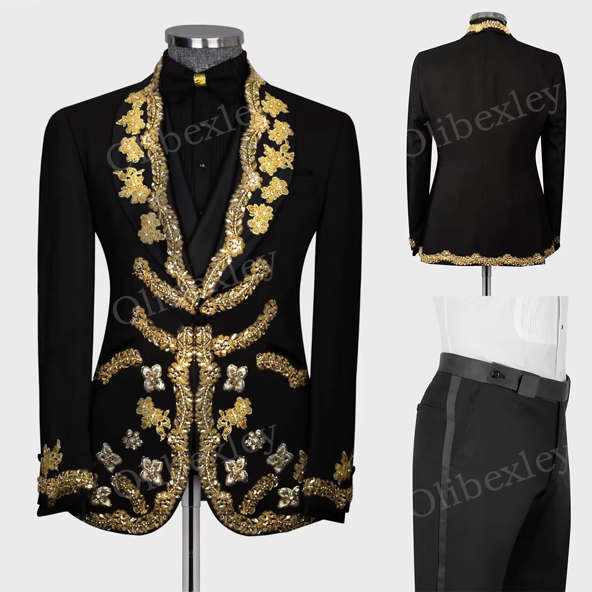 

Olibexley Men's Suits Black 2 Pieces Trends Costumes Floral Sequined One Button Slim Fit Tuxedos Wedding Groom Business Prom
