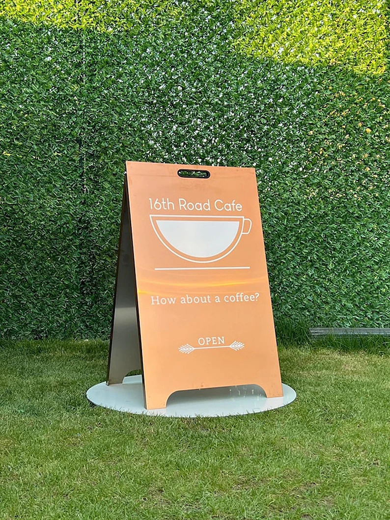 Custom A-Frame Sidewalk Sign–Mirrored Stainless Steel Sandwich Board, Double-Sided Outdoor Display, Ideal for Business Signage
