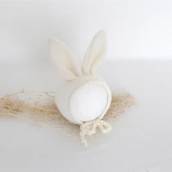 Nette Weiße Wolle Filz Kaninchen Hut Neugeborenen Fotografie Requisiten Handgemachte Wollfilz Bunny Floral Motorhaube Baby Mädchen Tier Foto Requisiten
