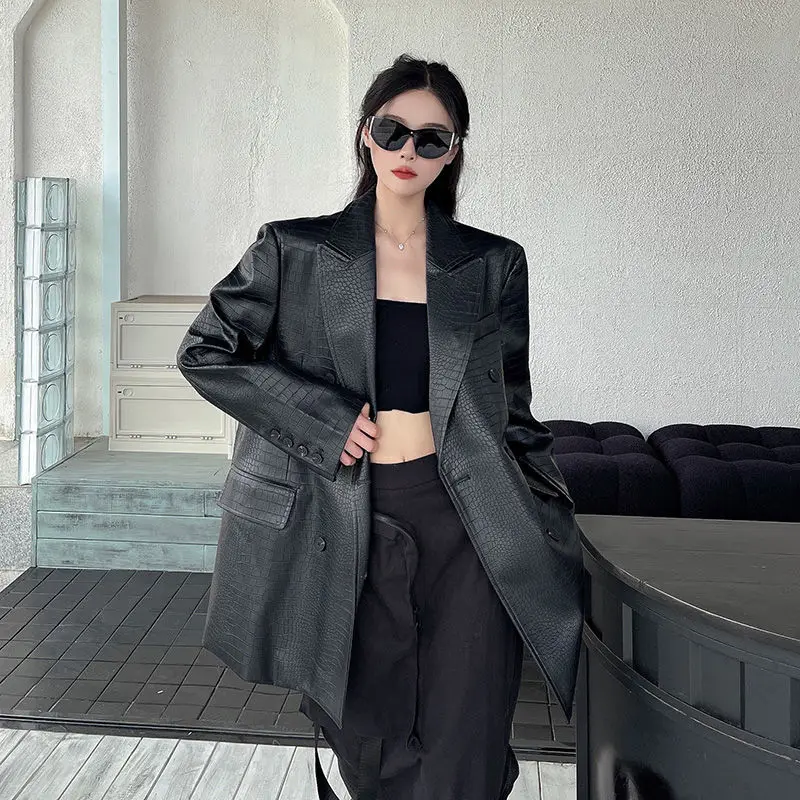 Women's Autumn Winter Jacket Tops Suit Crocodile Button Mid-length Lapel Loose Fashion Premium Design Leisure Simple Brand New