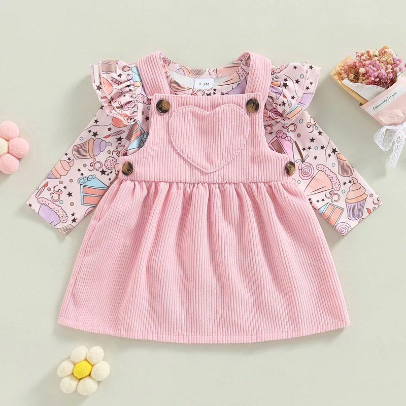 Toddler Baby Girl Spring Outfit 2 Piece Skirt Sets Long Sleeve Suspender Skirt Set Cute Fall Dress Clothing