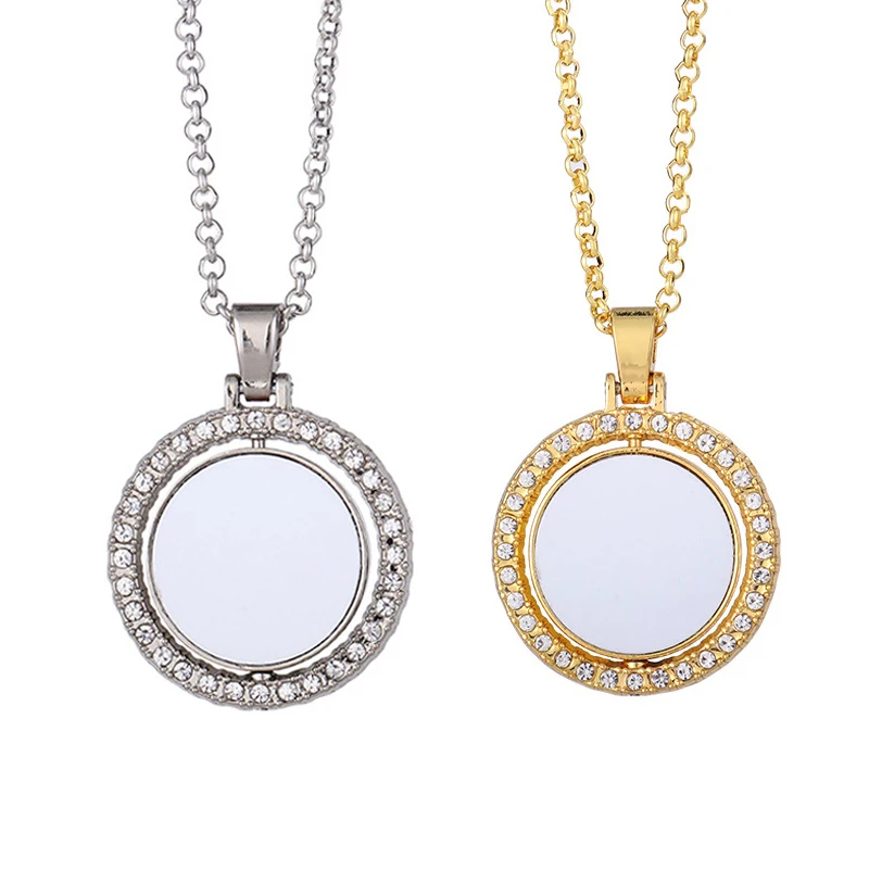 Free shipping 20pcs Gold Color Circle Double Sided Rotatable Necklaces Sublimation Necklace Blanks for Heat Press