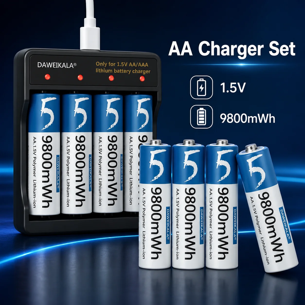 

AA Lithium Ion Rechargeable Batteries 9800mAh 1.5V Constant Voltage - 4 Pack Batteries for Flashlights, Smart Home, RC Toys