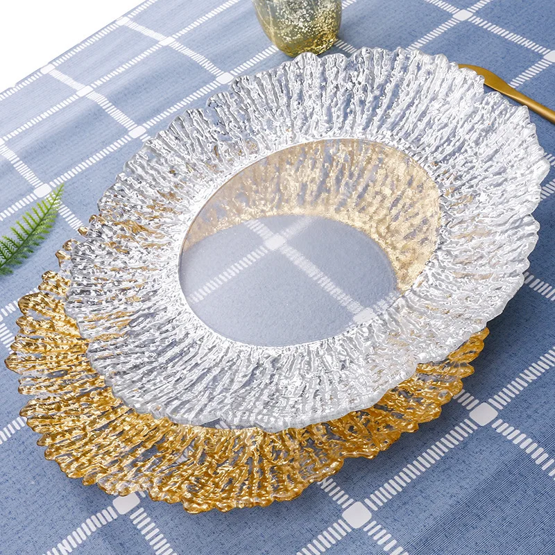 13inch Retro Gold Rim Charger Plate Glass Decorative Service Plate Silver Dinner Dishes Bridal Shower Decor Table Place Setting