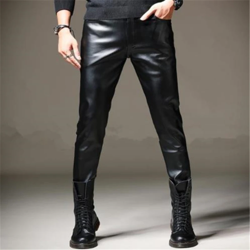 

Men Spring Pantalones Warm Pu Pantalons Hot Sale Pu Pencil Pants Male Hot Sale Velvet Thick Leather Trousers Stretch Pant