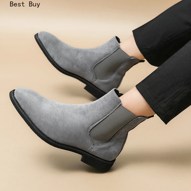 New spring/autumn Gray Chelsea Boots for slip-on Men Faux Suede Flock Business Mens Short Boots Ankle Boots for Mens Size 38-48