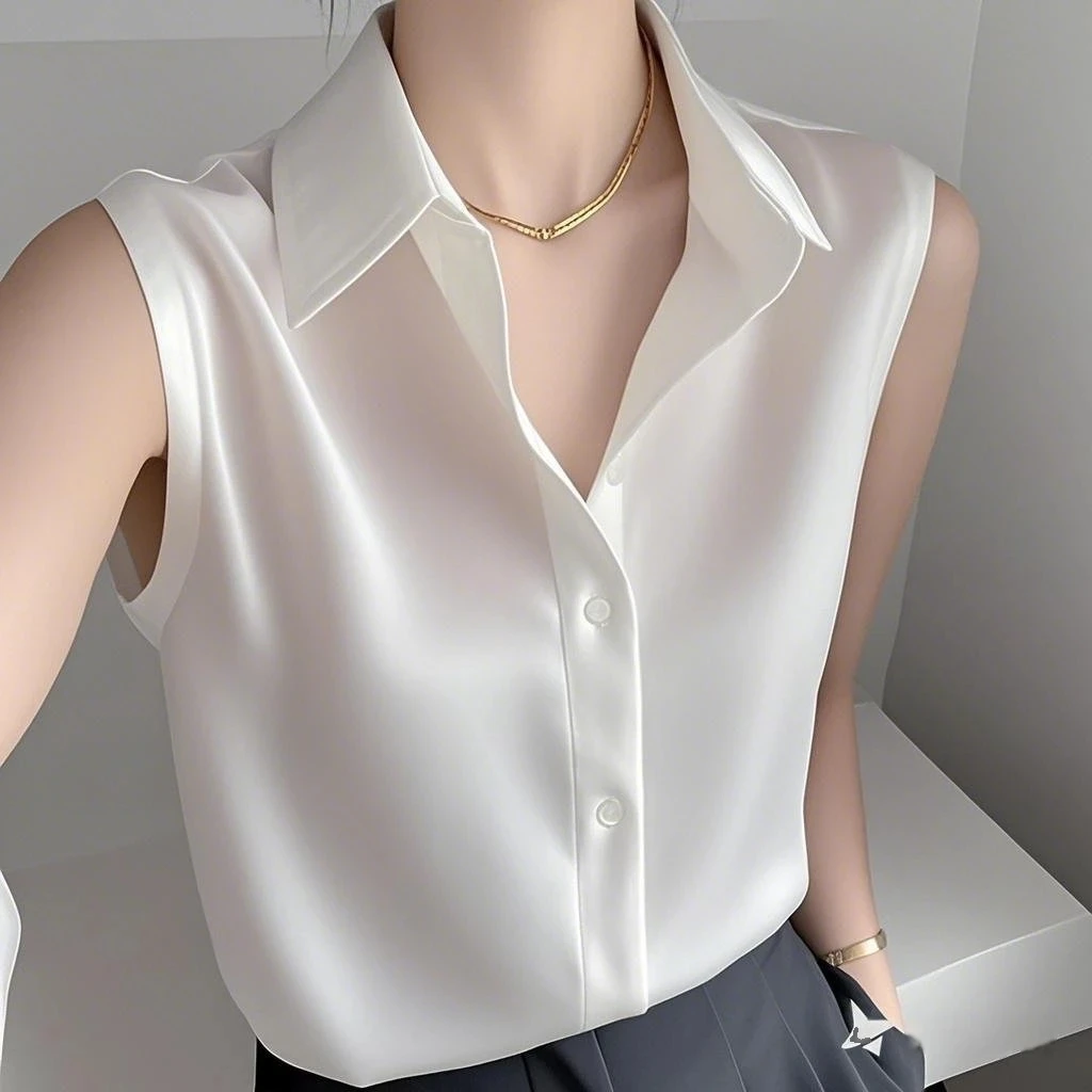 

Summer New Style Korean Version Sleeveless Collar Shirt Women's Casual Silk Leisure Personality High-End Feeling Top