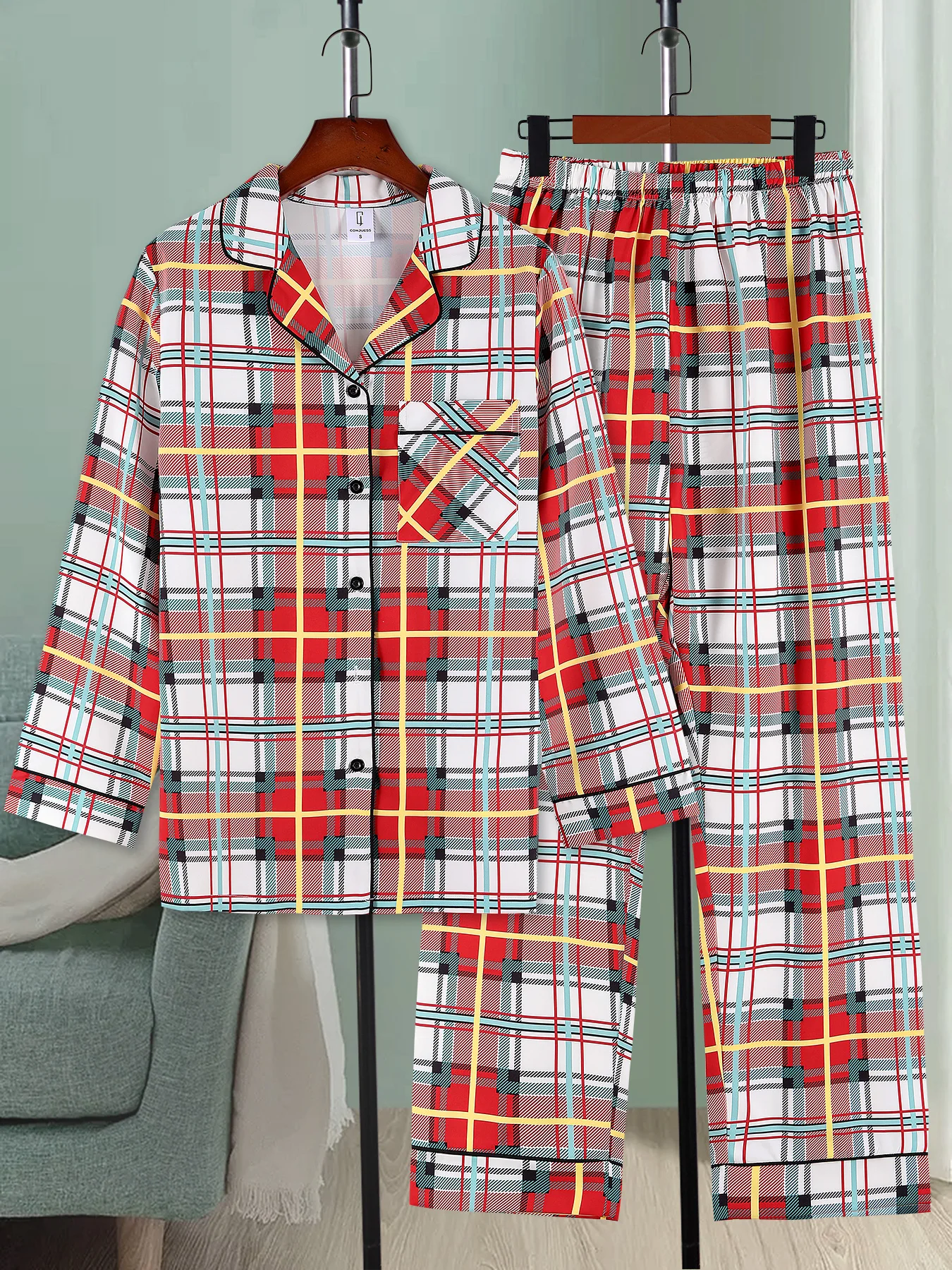 

Men's Basic Plaid Loungewear Set Lapel Long Sleeve Top & Plaid Pants 2 Piece Casual Sleepwear