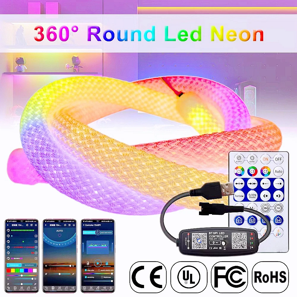 WS2812B LED Light Strip Mesh Neon Light 360 Degree Round Flexible IP67 Waterproof DC5V Smart RGB IC Addressable Pixel Music