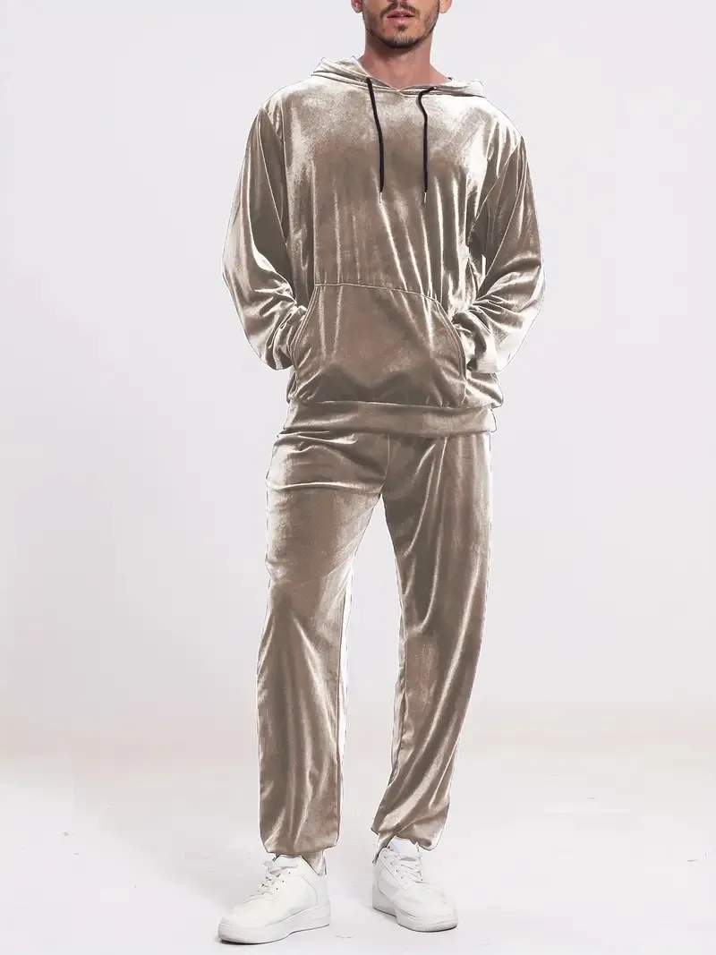 Herren-Trainingsanzug aus Samt in Goldoptik mit Reißverschluss-Hoodie, elastischen Bündchen und Jogginghose, Frühling/Herbst, europäisch-amerikanischer Casual-Stil, zweiteiliges Outfit – Detail 15