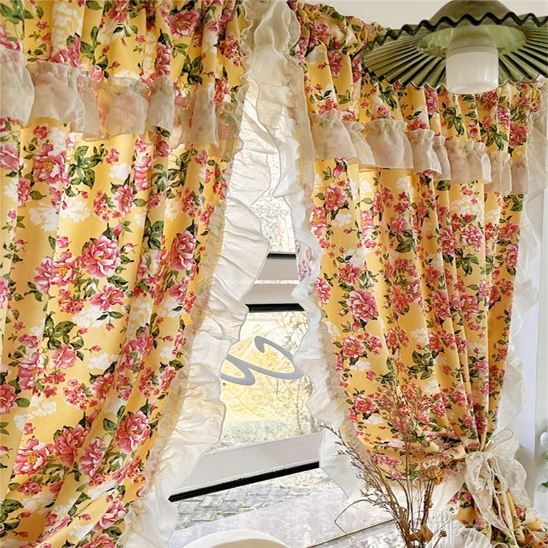 Yellow Retro Curtain French Cotton Floral Curtain Elegant Lace Decor Atmosphere Kitchen Bathroom Partition Balcony Small Curtain