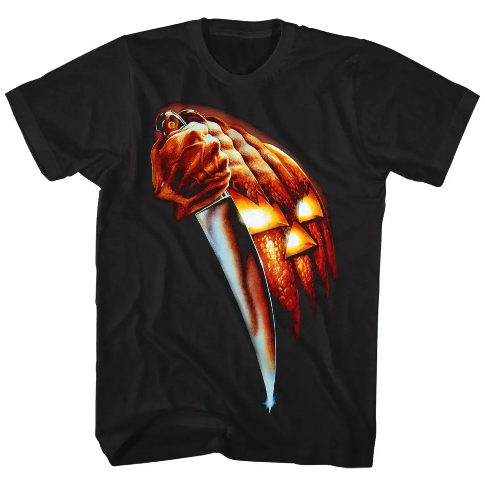 Halloween Pumpkin Knife Black Adult T Shirt