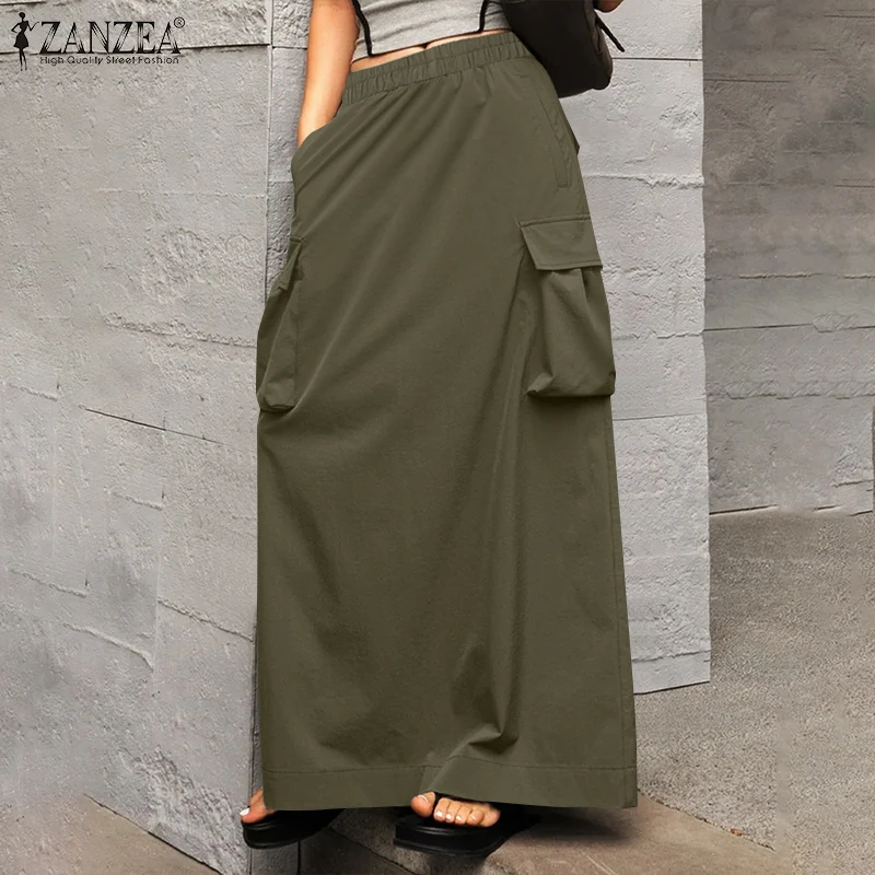

ZANZEA женские винтажные макси-юбки 2026, модные элегантные свободные юбки-карго, офисные юбки с большими карманами, юбки с эластичной резинкой на талии, уличная одежда