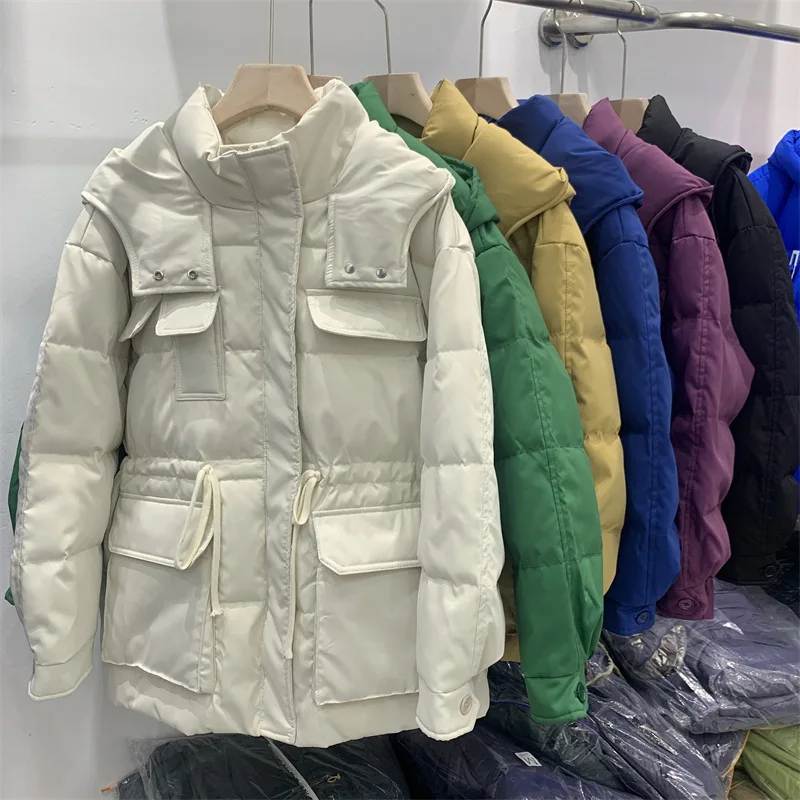 Fashion Winter Autumn Women Loose Padded Zipper Solid Color Jacket Hooded Collar Casual All Match Warm White Duck Down Coat