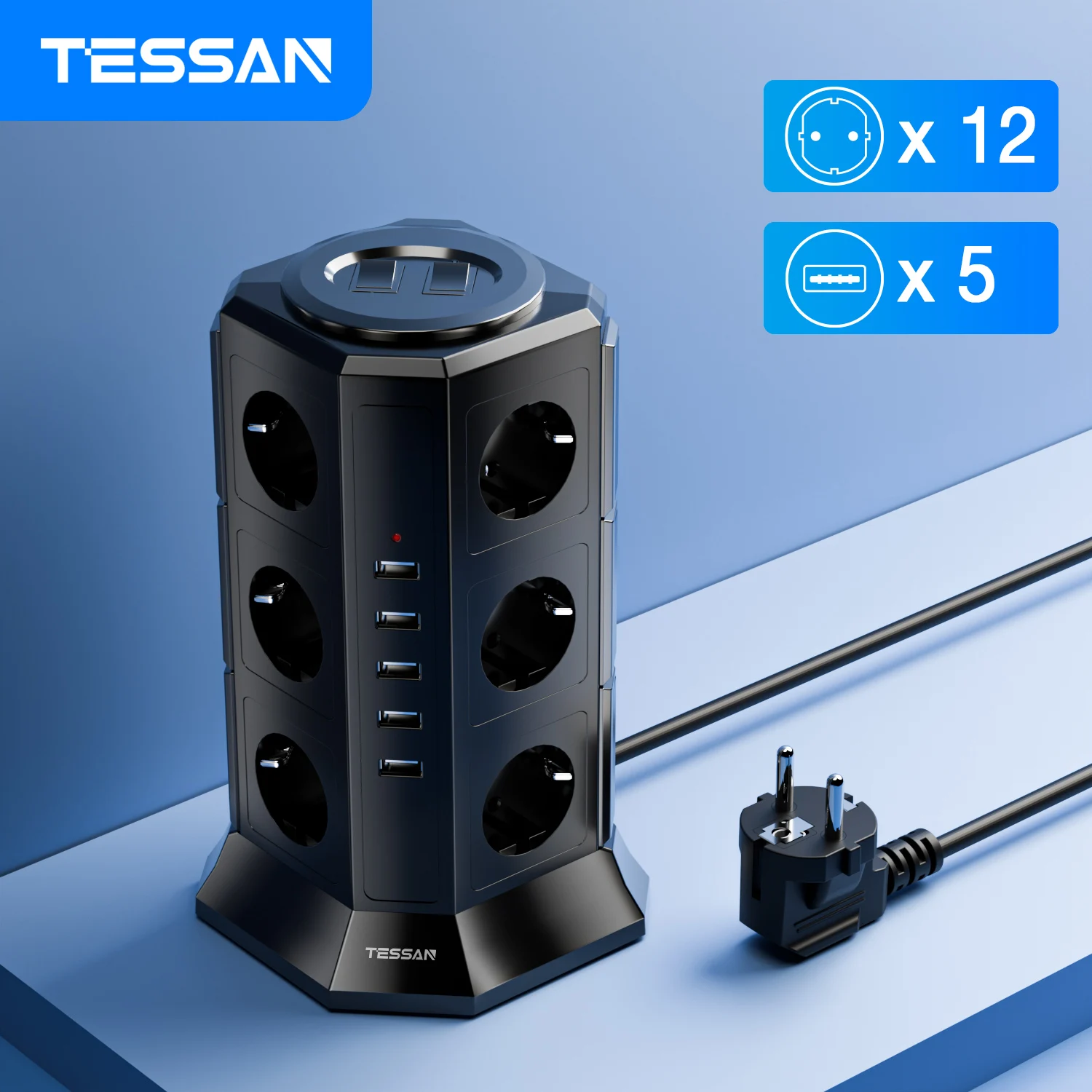 

TESSAN Vertical Multiple Tower Power Strip with 12 AC Outlets 5 USB Ports EU KR Plug Electric Socket 2M Extension Cable for Home