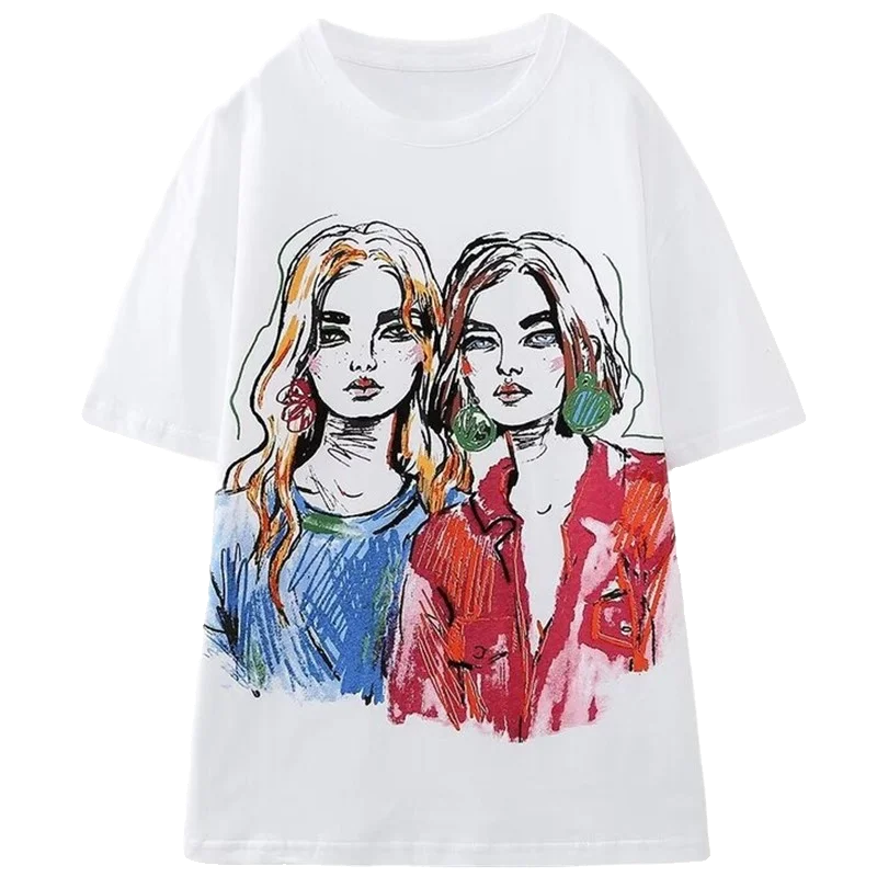 فضفاض القطن جولة Ne ort Sve تي شيرت أبيض جديد 2024 المرأة Faionable الصيف الأعلى للفتيات المطبوعة لباس غير رسمي #5