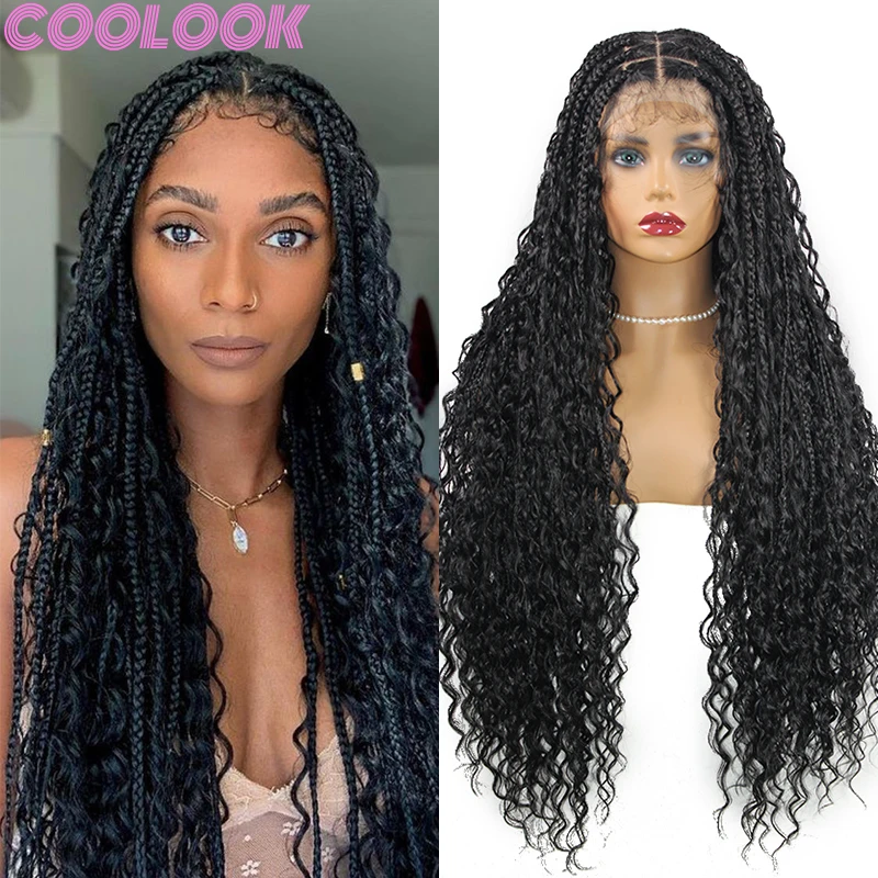 Bohemian Synthetic Full Lace Box Braided Wigs Black Super Long Deep Wave Braid Lace Frontal Wig 32inch Knotless Wig for Braiding