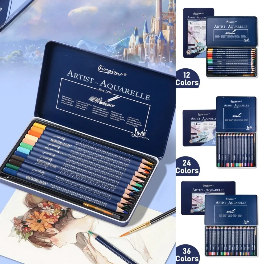 

Wooden 12/24/36 Colors Pencil Set Professional Art Watercolor Pencil Set with Brush Painting Colorful