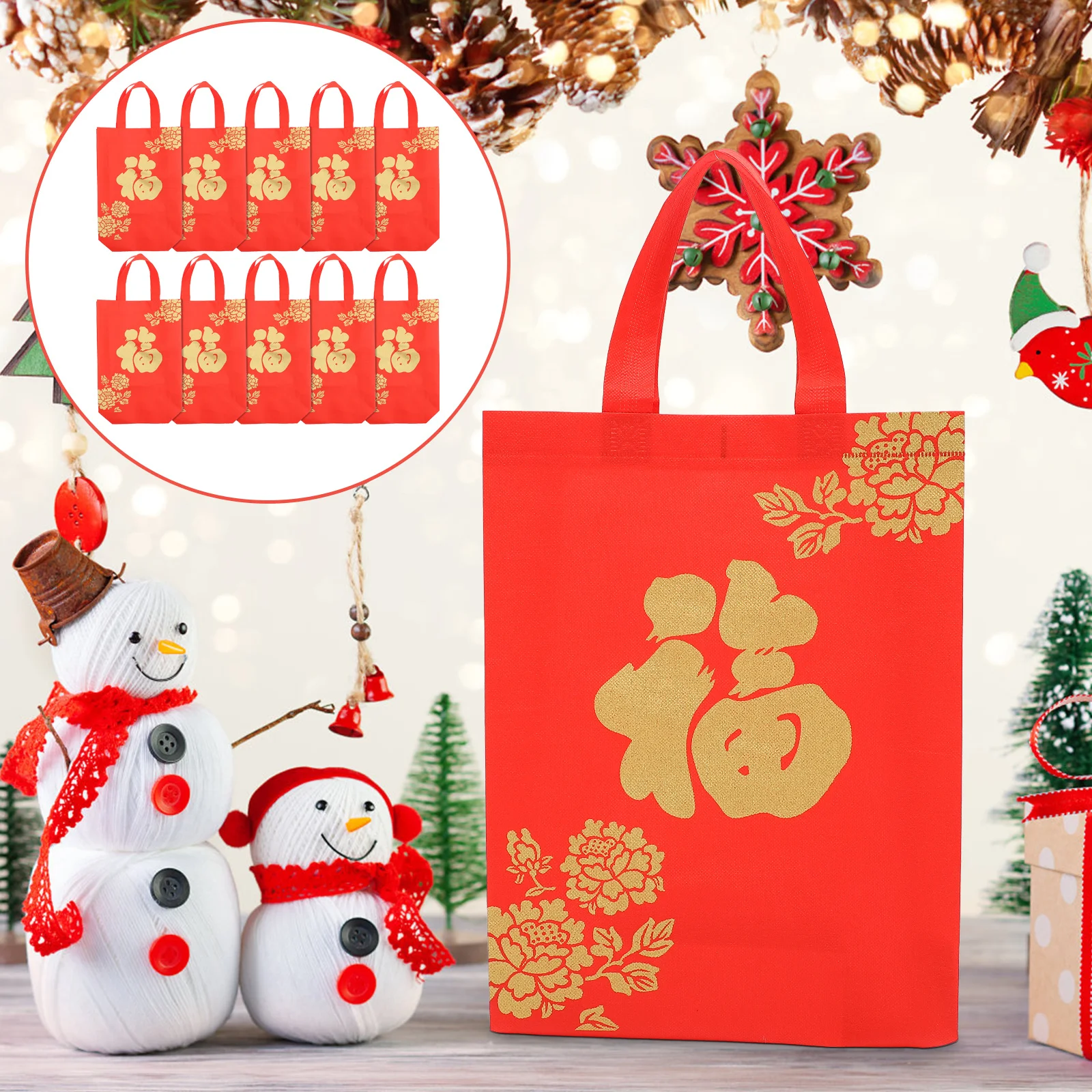 

10Pcs Fu Character Gift Bags Chinese New Year Tote Non-Woven Reusable Holiday Party Favor Pouches Spring Festival Decoration