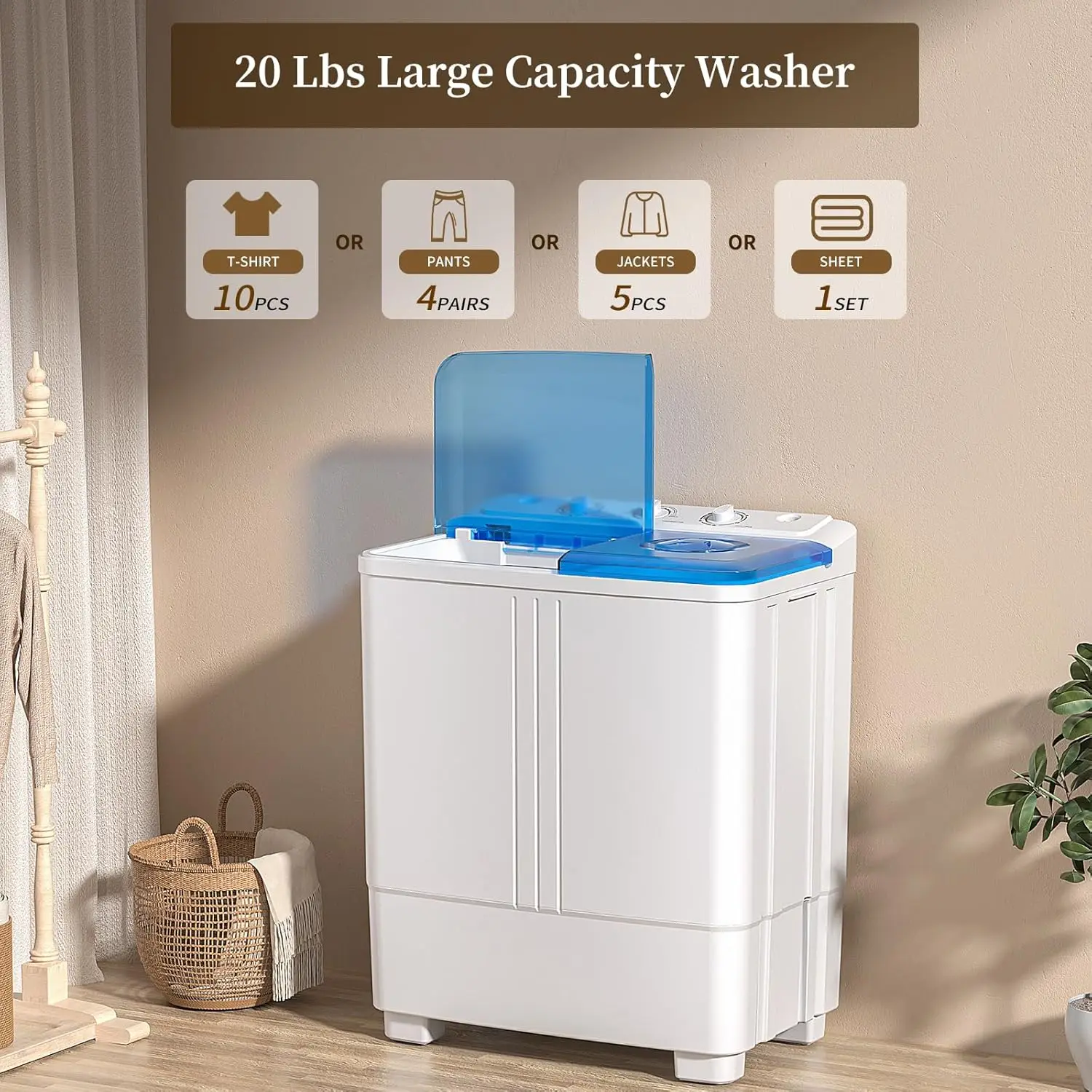 Washing Machine, Twin Tub Washing Machine Laundry Compact Washer spinner Combo with 20lbs capacity, 12Lbs Washer and 8Lbs Spinne