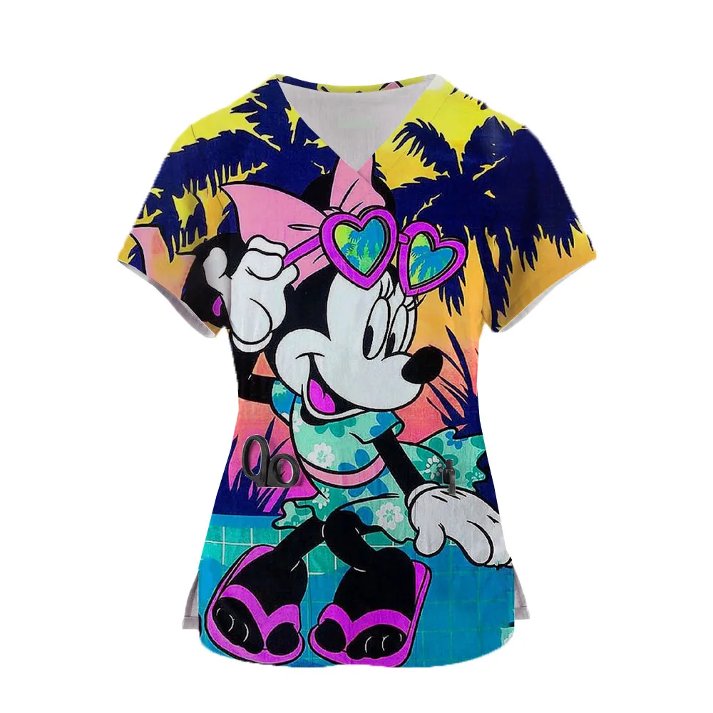 T Shirts Minnie Mouse T-shirts V Neck Woman Clothes Hospital Tops Disney Top Women 2024 Nurse Uniform T-shirt Pocket Summer Tees