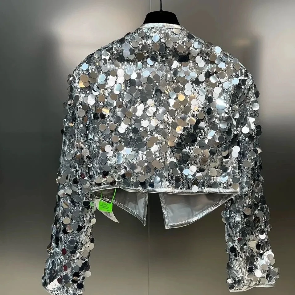 

2026 Spring Autumn New Silver Glitter Jacket Women's Shining Stage Internet Celebrity Bounce Di Performance Singer Short Coat