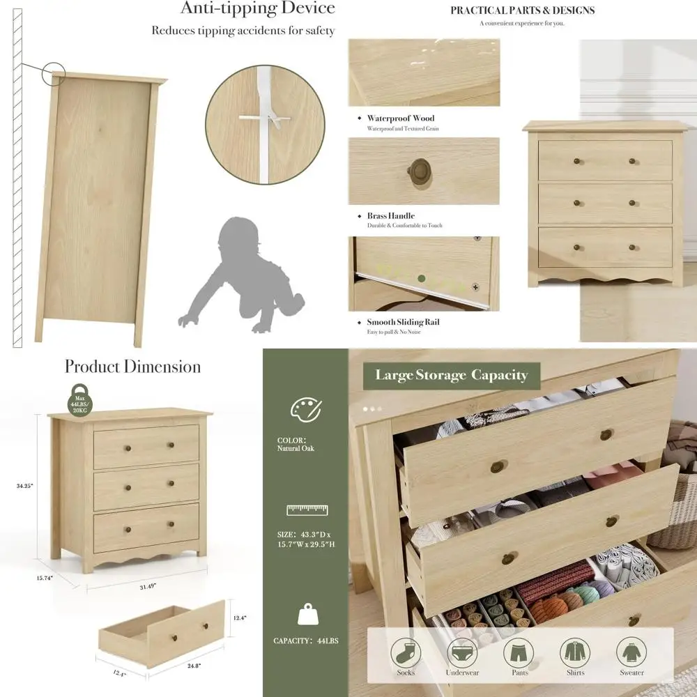 

Комод с большими ящиками или деревянный комод с 6 ящиками и ручками, набор из 3 прикроватных тумбочек, набор из 2 органайзеров для хранения для спальни, гостиной