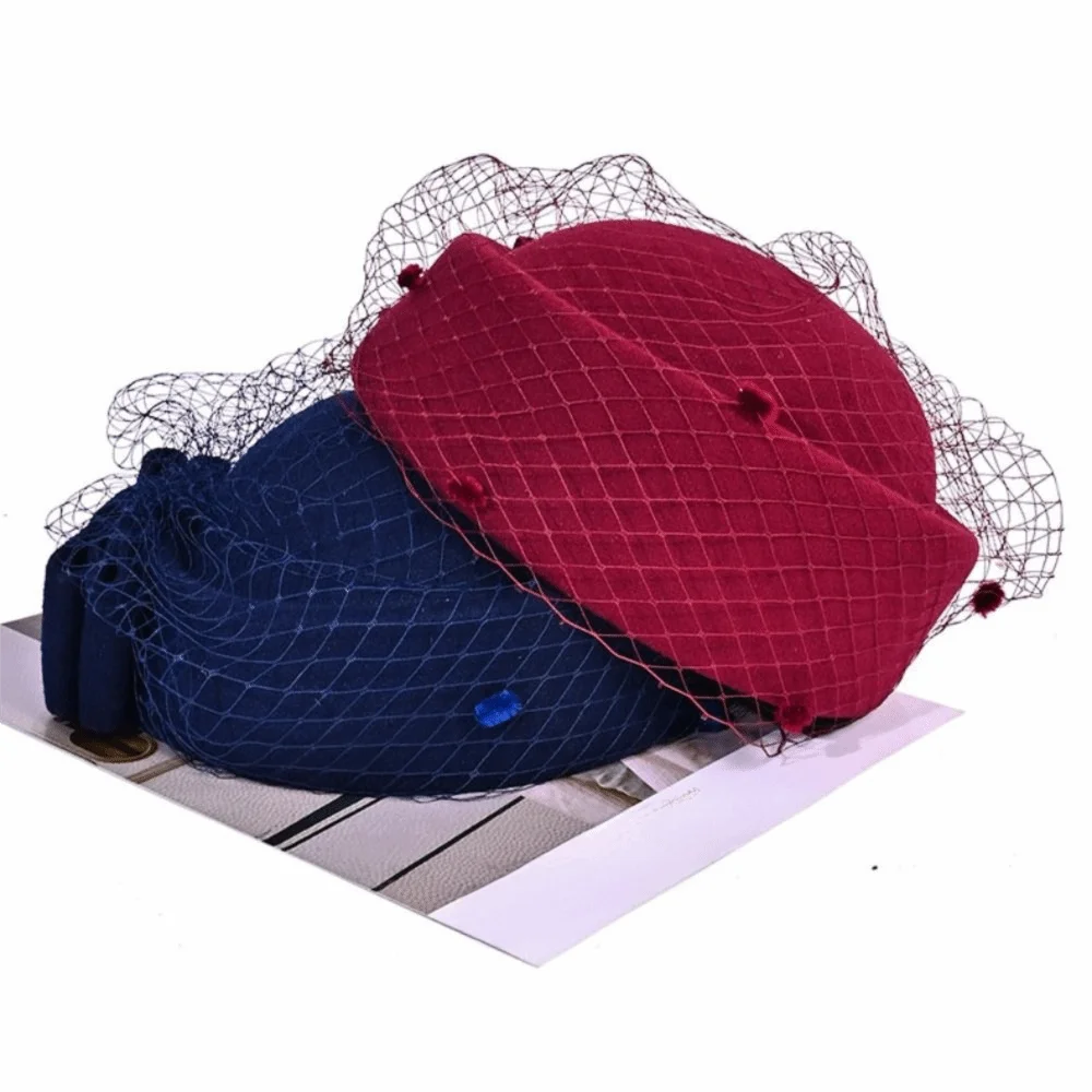 

Vintage Mesh Wool Bow Hat with Veil British Style Solid Color Pillbox Hat Woolen Photography Decoration Stewardess Cap Wedding