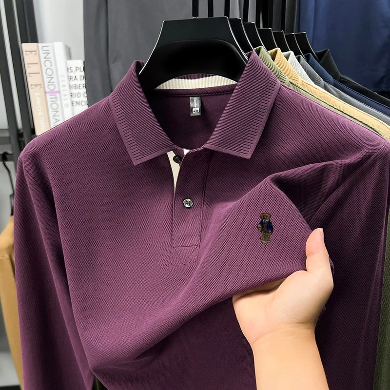 

100%cotton Men's Autumn Long-sleeved Polo shirt High-quality Collar Embroidery Bear T-shirt. Leisure Fashion Brand Men Clothing