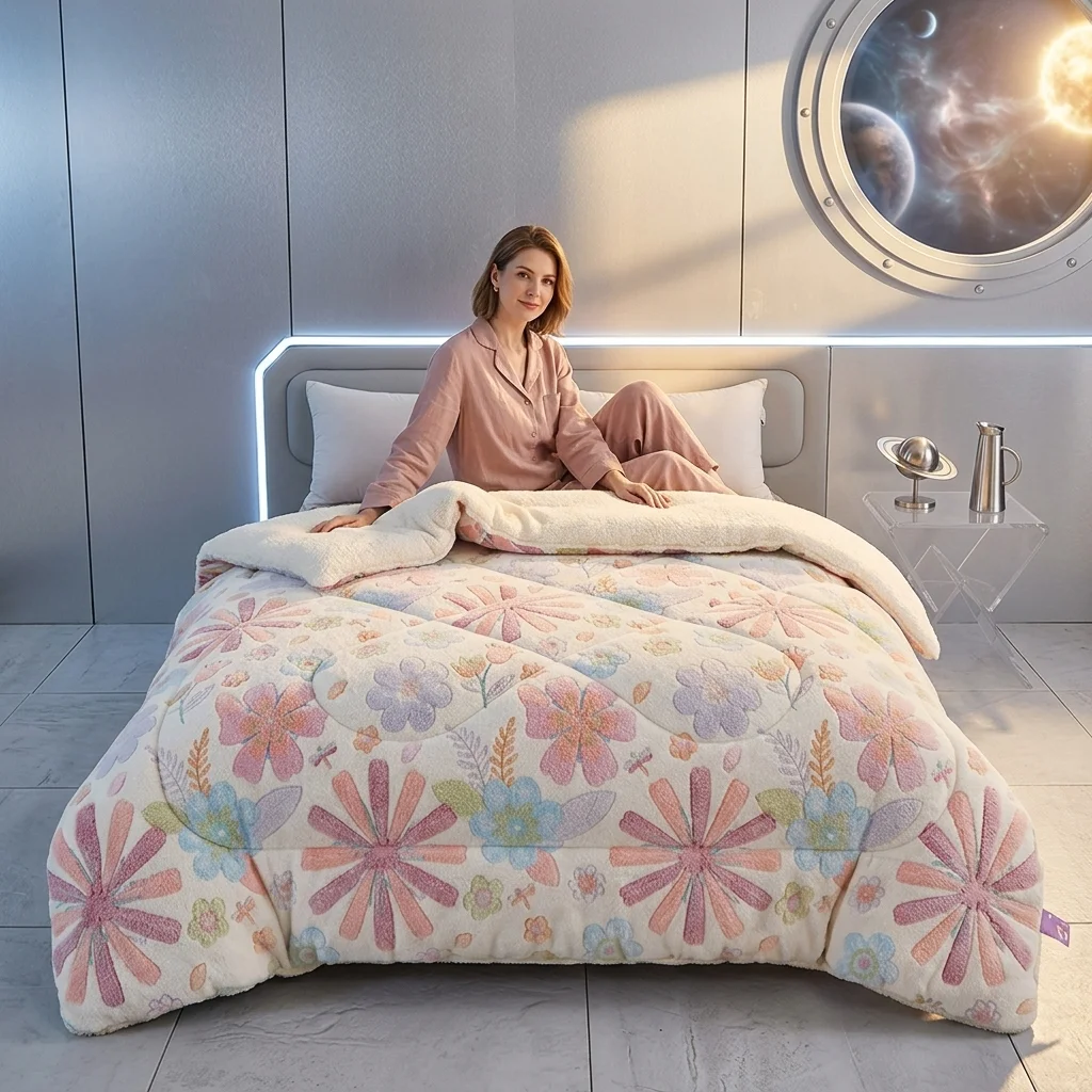 Soft Printed Winter Quilt  Floral Snowflake Design for Autumn and Guest Room Use.