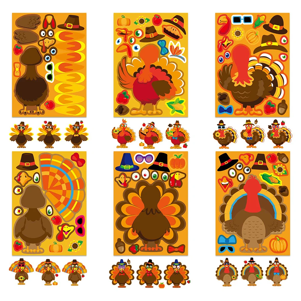 6/12Sheets Make a Face Puzzle Stickers Thanksgiving Day Create Your Own Turkeys DIY Game Children Assemble Jigsaw Kids Toy Party