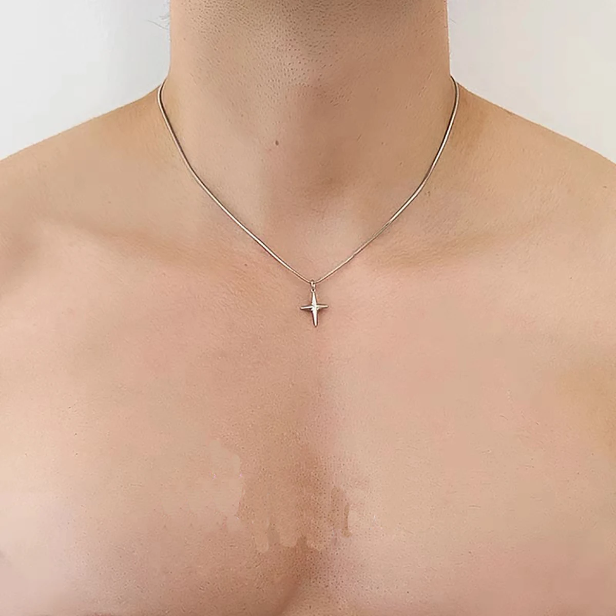 Fashionable, Simple, Versatile and Personalized Stainless Steel Silver Snake Bone Chain, Cross Star Pendant, Short Necklace, Men