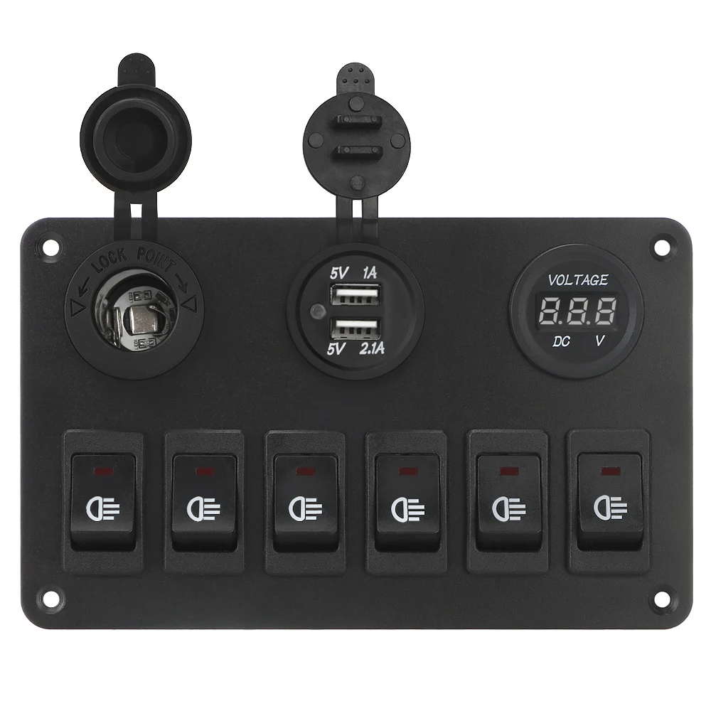 

Car Marine Circuit Breaker 6 Gang Rocker Switch Panel Waterproof DC 12V/24V Dual USB Ports LED Digital Voltmeter ON/OFF Lights
