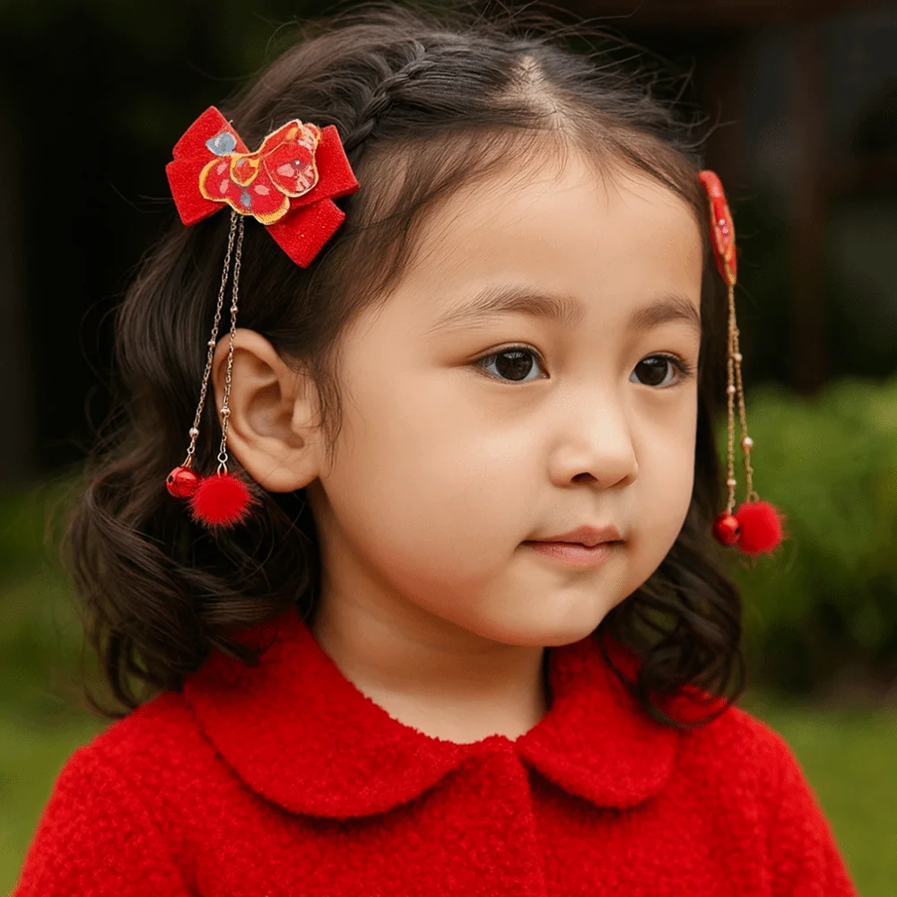 

Cartoon Traditional Chinese Hair Clip Bow Horse Tassel Hairpin Chinese Style Red New Year Hair Accessory Children's Parties