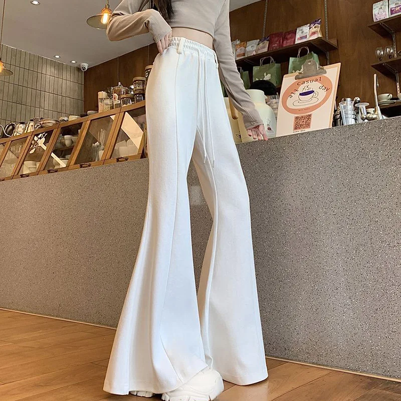 Filles concepteur taille haute pantalon évasé dame coréenne coupe ajustée pantalon décontracté femmes Chic cordon jambe droite pantalon
