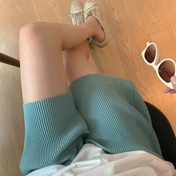 Fashion Casual Candy Color High Waist Stretch Knitted Pleated Shorts For Women