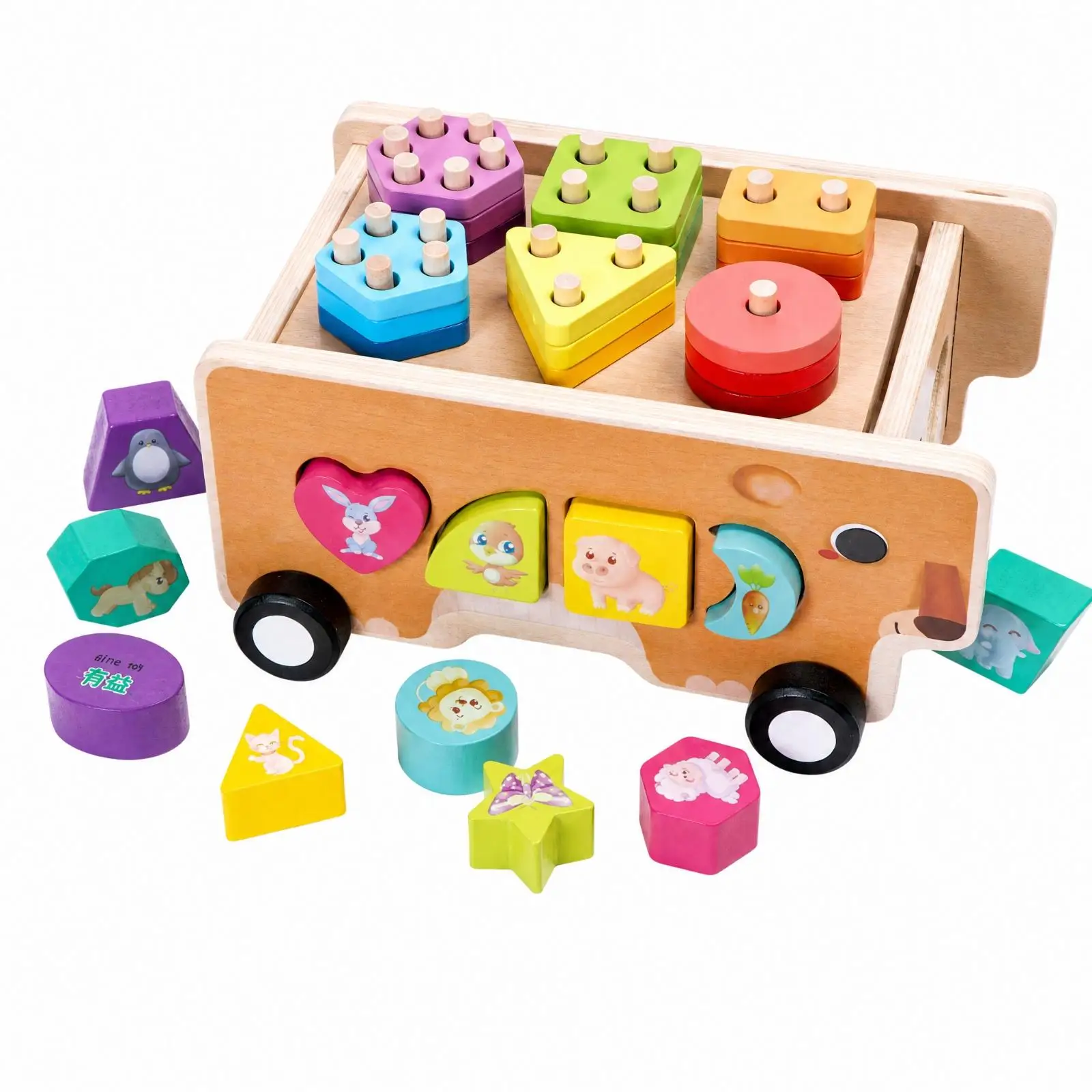 Wooden Shape Matching Car Push Along Toy Educational Sorting Blocks for Preschool Toddlers Kids Learning Play