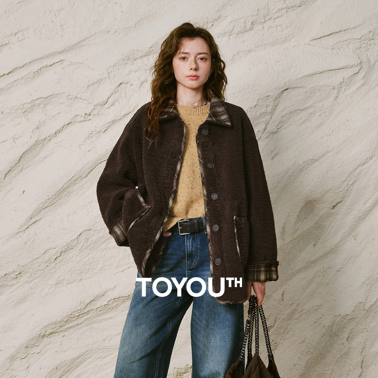 TOYOUTH Women Coat 2026 Winter New Soft Fleece Plaid Patchwork Loose Drop Shoulder Double Sided Warm Outerwear