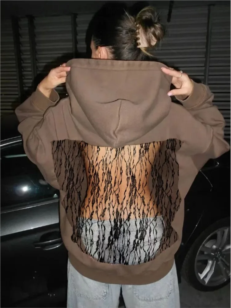 خريف شتاء موضة جديدة بلون عارية الذراعين شبكة مجوفة مقنعين البلوز المرأة مثير فضفاض الدانتيل بأكمام طويلة البلوز