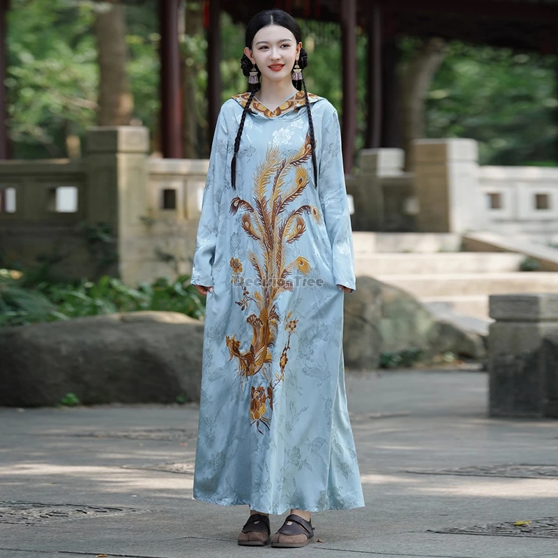 

2024 embroidery retro new chinese national style hooded robe casual fashion women long-sleeved loose style daily gown dress t001